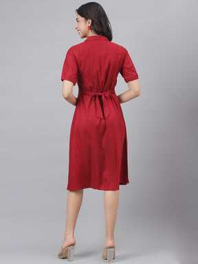 Maroon Half Sleeve Shirt Collar Women Shirt Dress