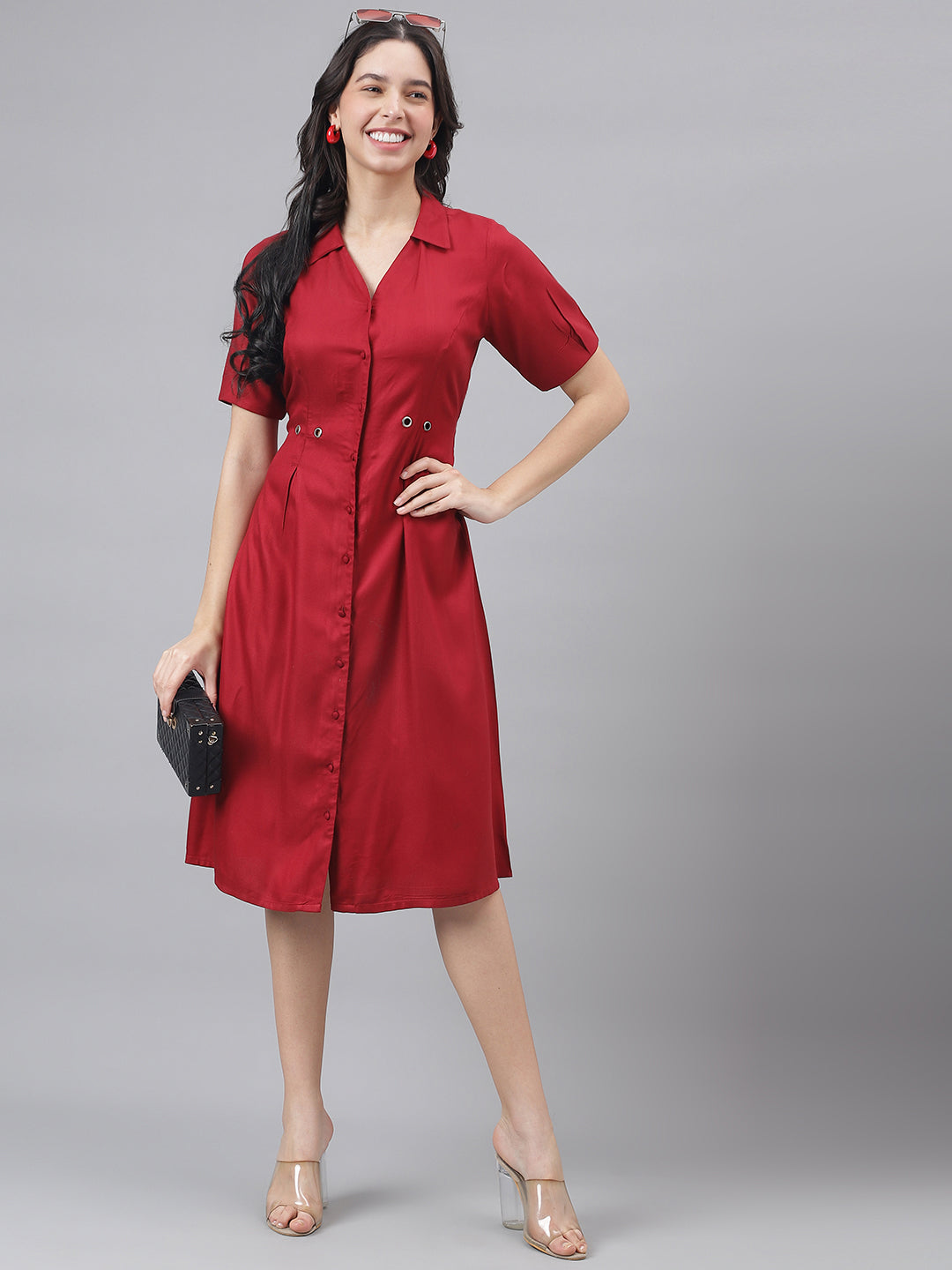 Maroon Half Sleeve Shirt Collar Women Shirt Dress