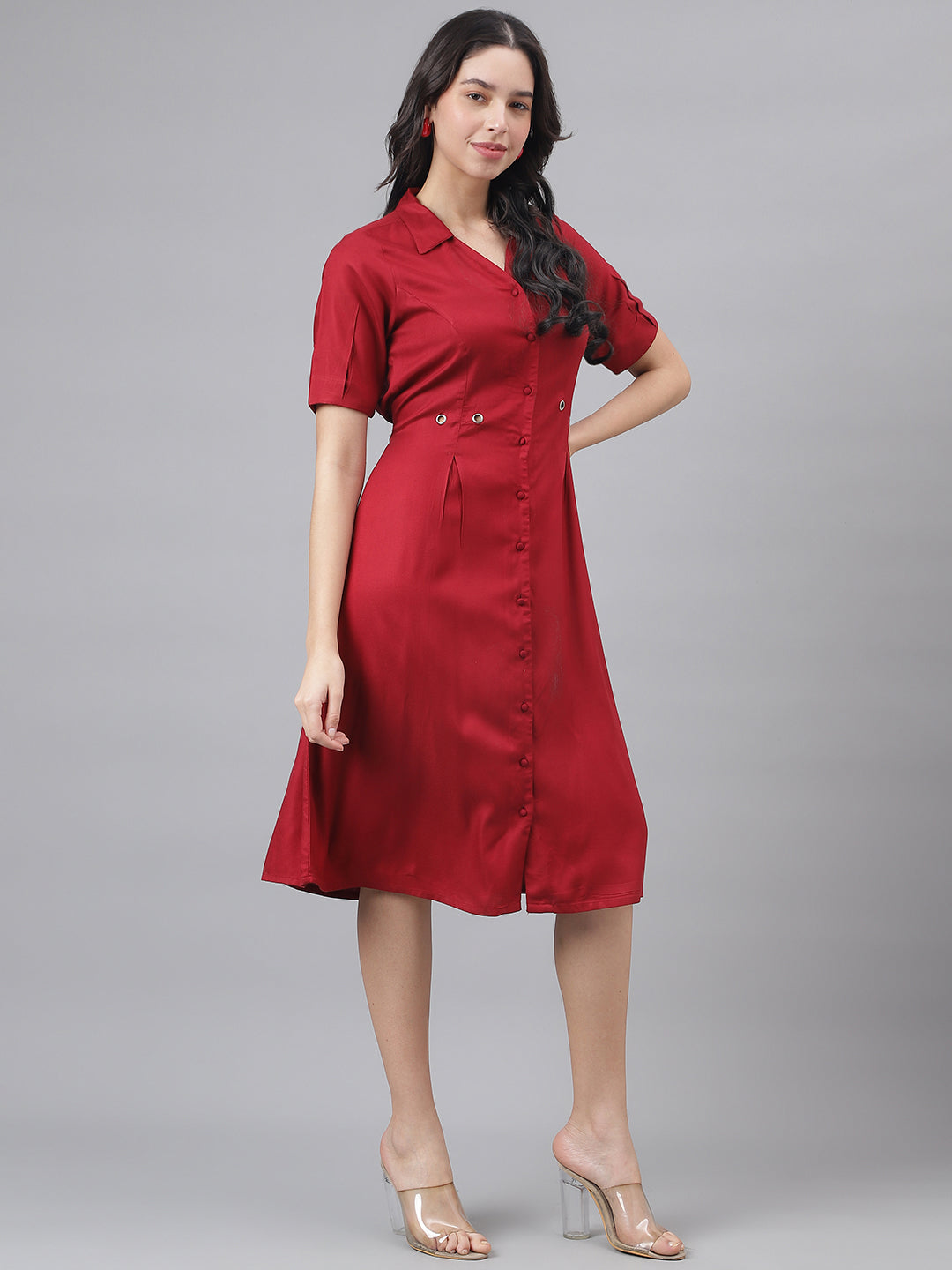 Maroon Half Sleeve Shirt Collar Women Shirt Dress