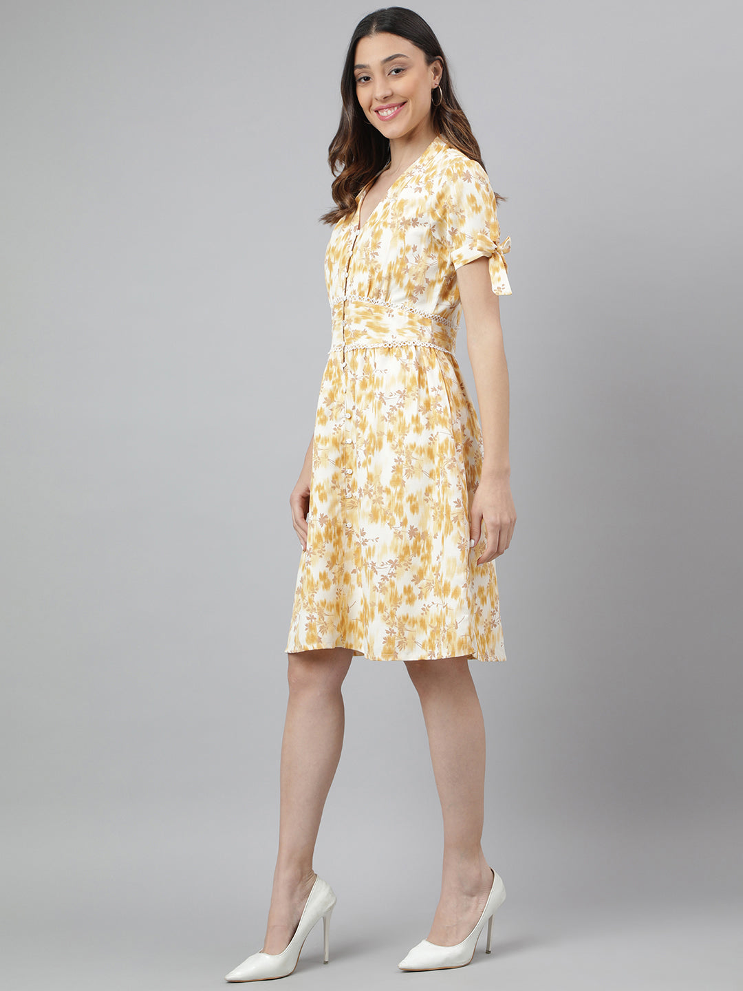 Yellow Half Sleeve Printed A-Line Dress