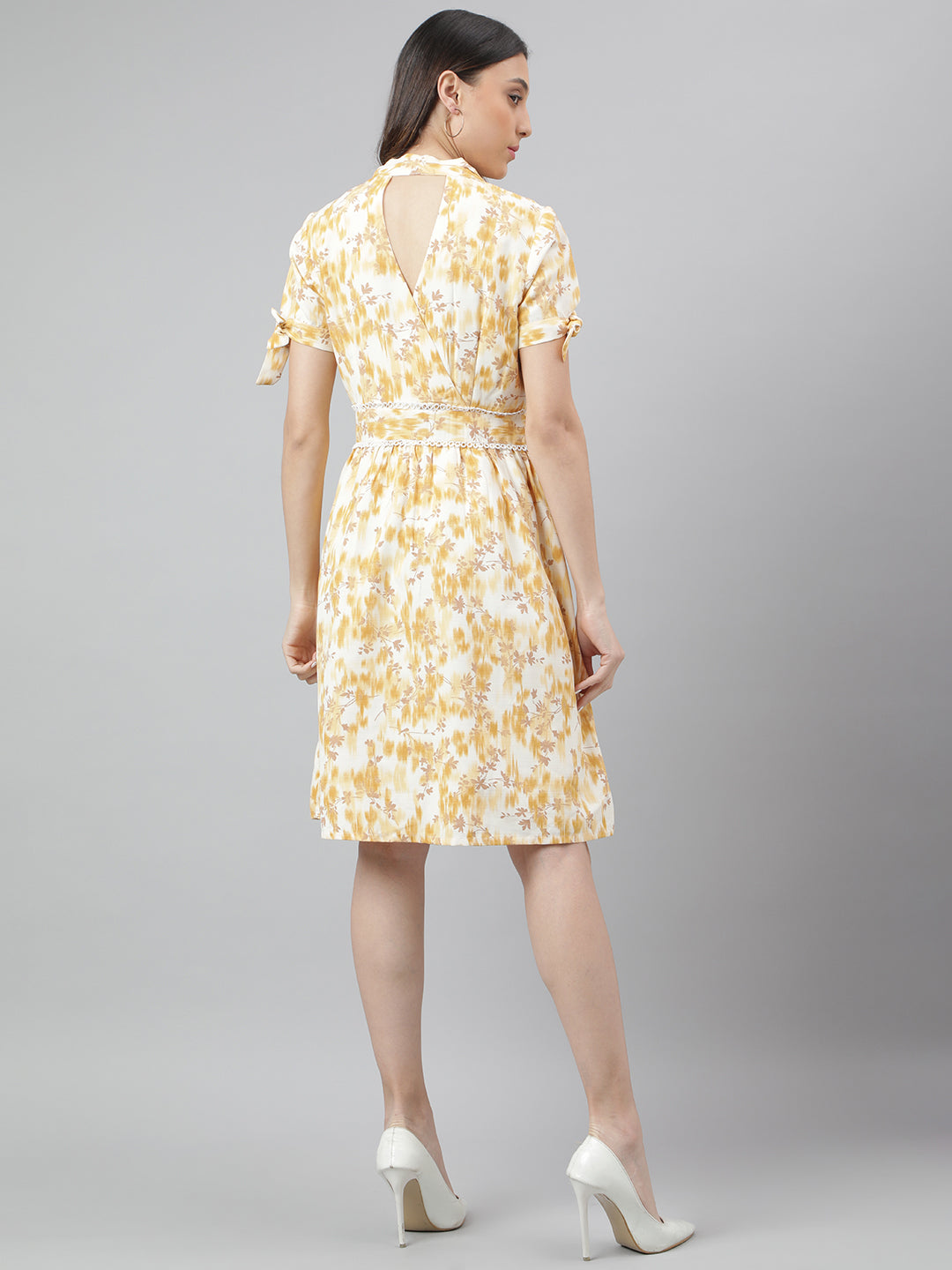 Yellow Half Sleeve Printed A-Line Dress