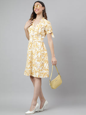 Yellow Half Sleeve Printed A-Line Dress