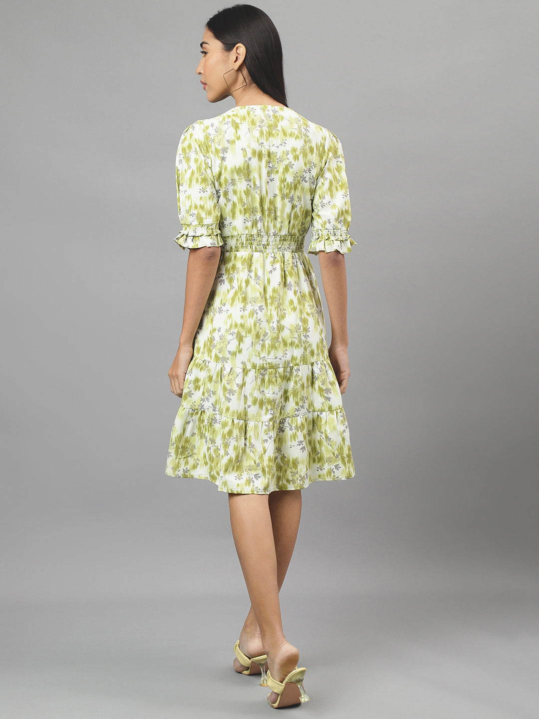 Green 3/4 Sleeve V-Neck Floral Print A-Line Dress