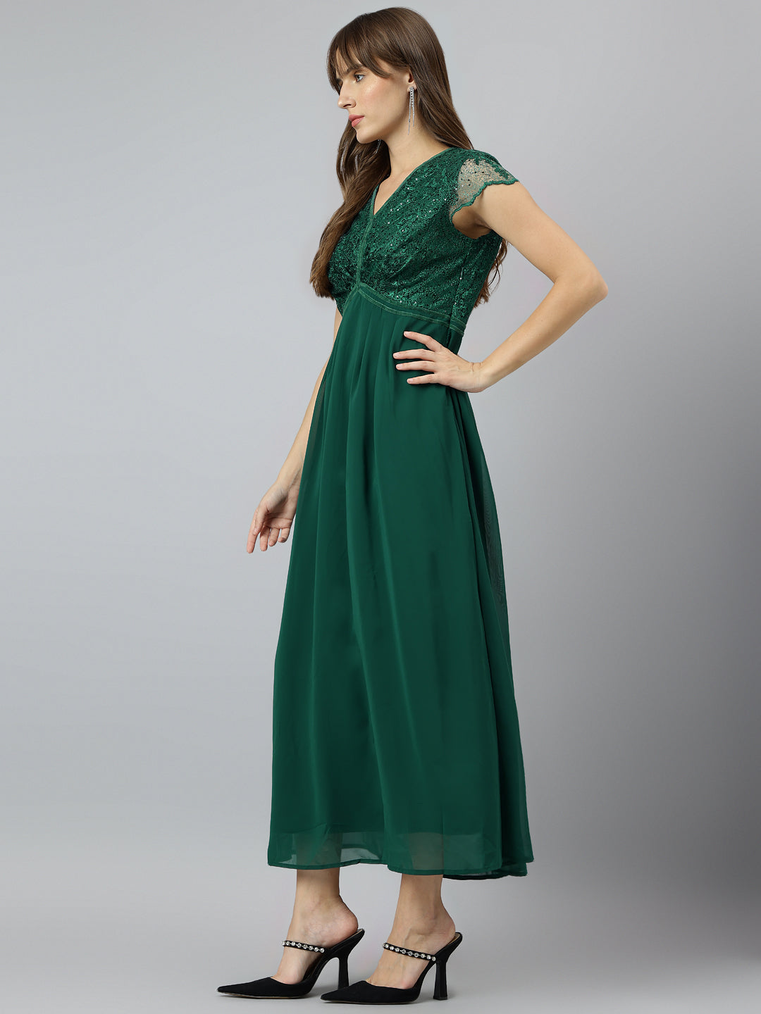 Green Cap Sleeve Classic Fit 100% Polyester Dress