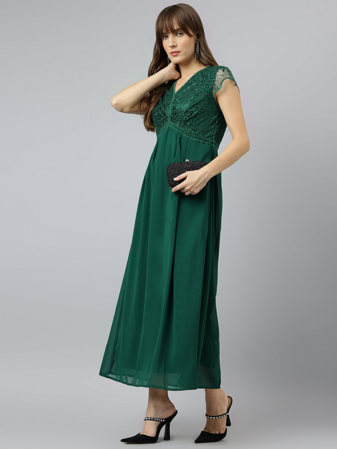 Green Cap Sleeve Classic Fit 100% Polyester Dress