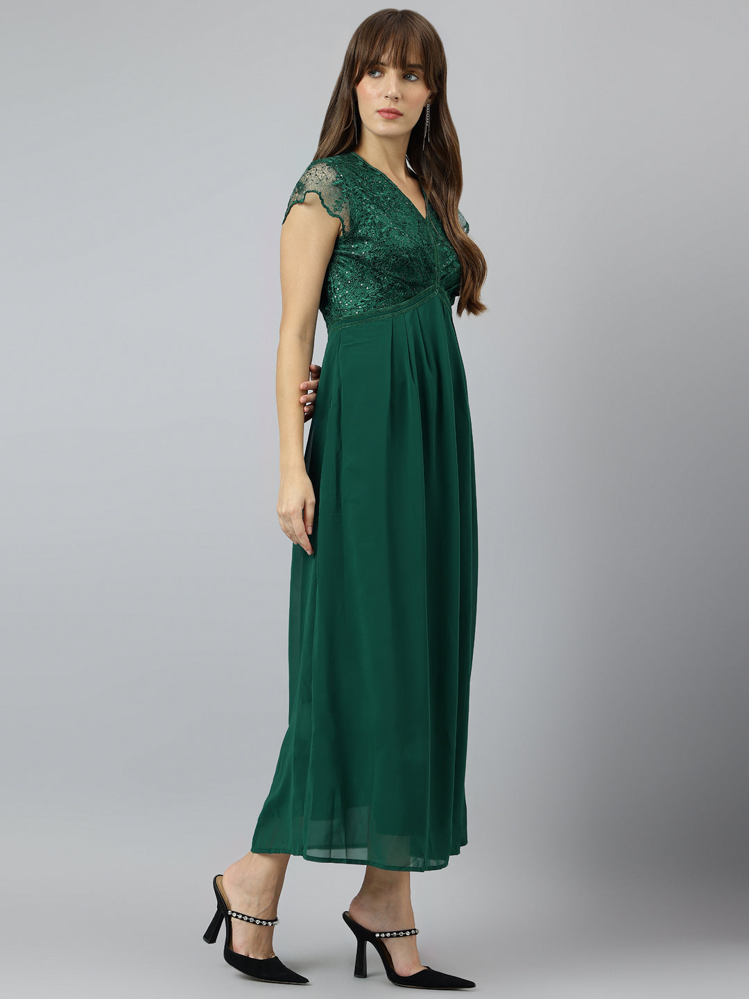 Green Cap Sleeve Classic Fit 100% Polyester Dress
