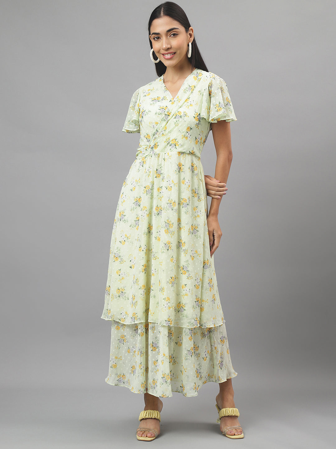 Green Half Sleeve V-Neck Floral Print Maxi Dress