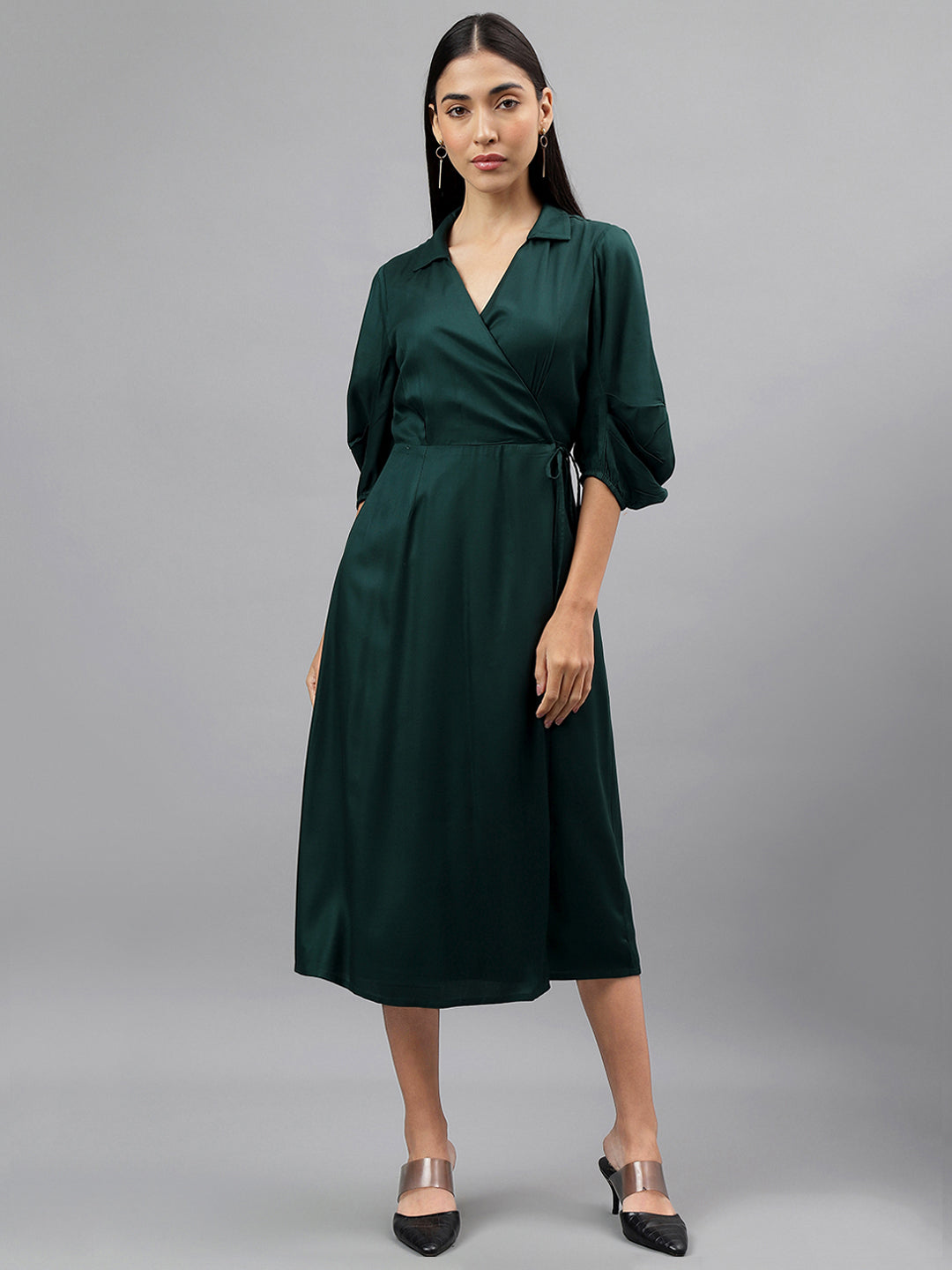 Greenbotle 3/4 Sleeve Collar Neck Solid Dress