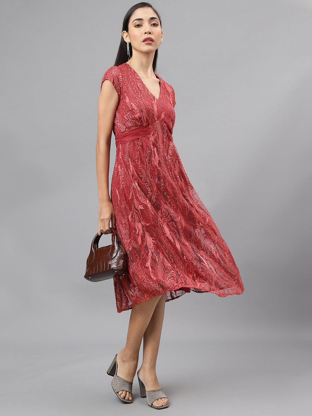 Rose Cap Sleeve V-Neck Solid A-Line Dress