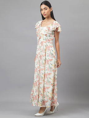 Pink Cap Sleeve Square Neck Floral Print Maxi Dress