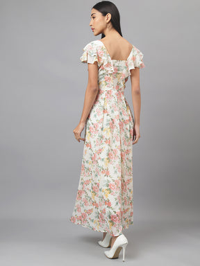 Pink Cap Sleeve Square Neck Floral Print Maxi Dress