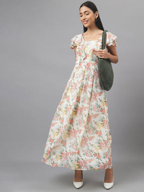 Pink Cap Sleeve Square Neck Floral Print Maxi Dress