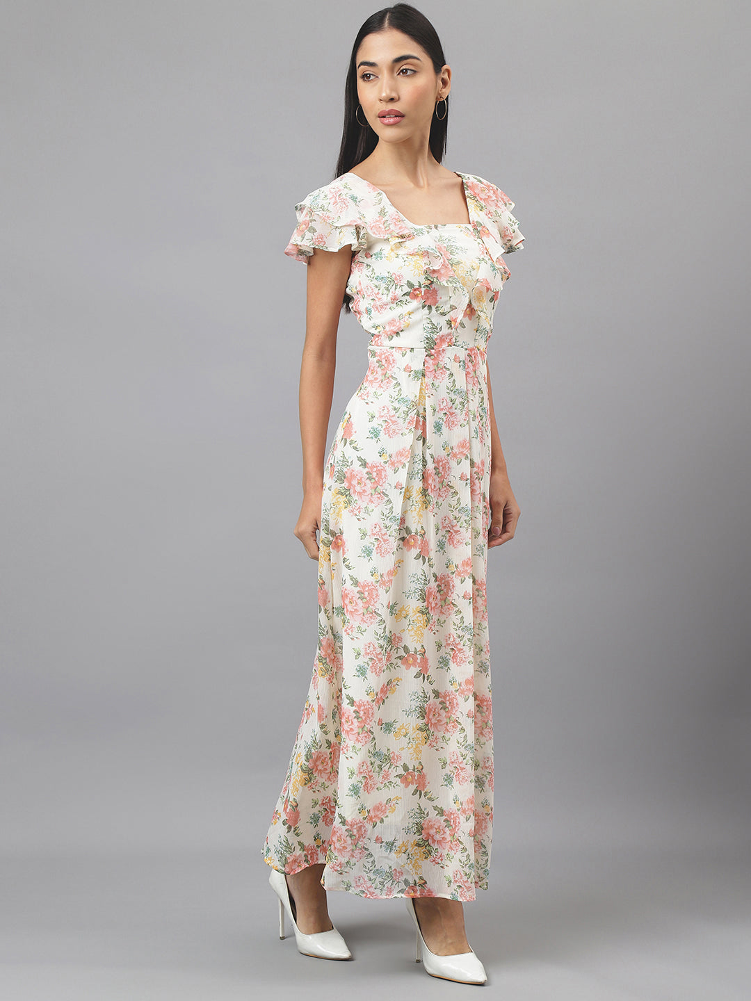 Pink Cap Sleeve Square Neck Floral Print Maxi Dress