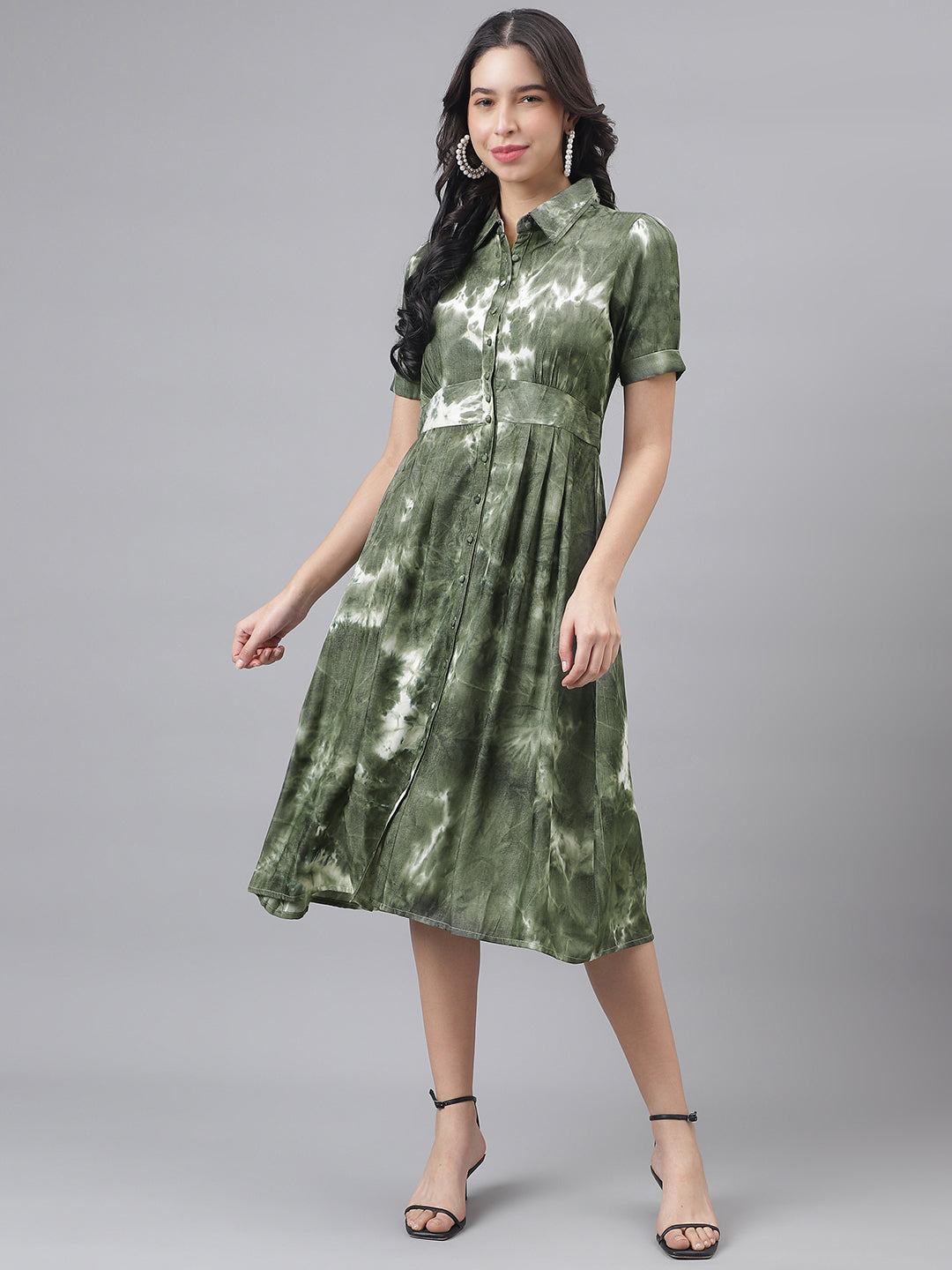 Green HalfSleeve Shirt Collar Women Shirt Dress