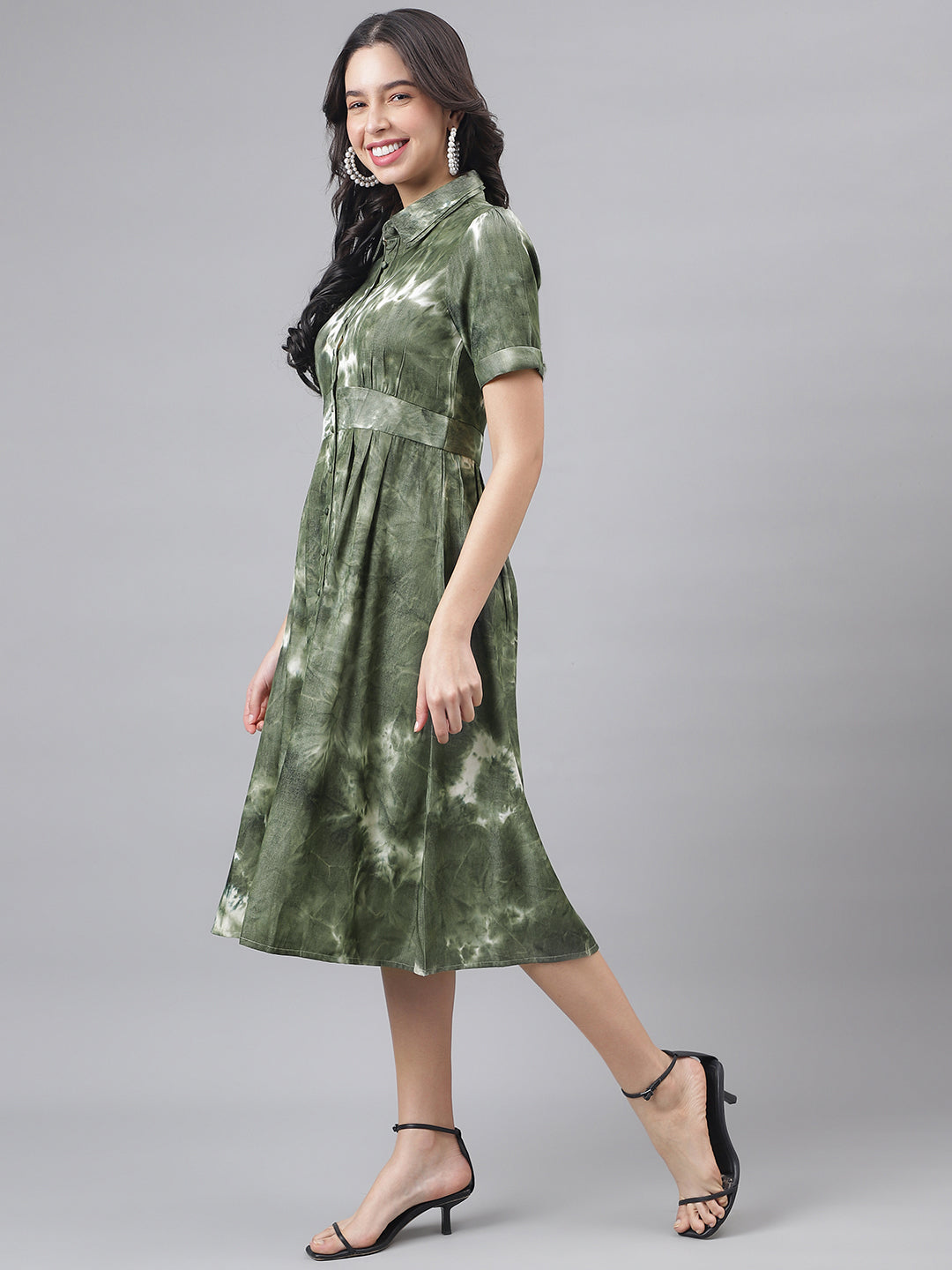 Green HalfSleeve Shirt Collar Women Shirt Dress