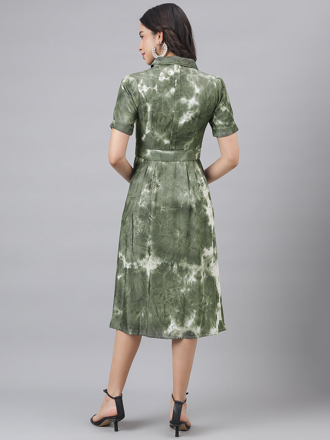 Green HalfSleeve Shirt Collar Women Shirt Dress