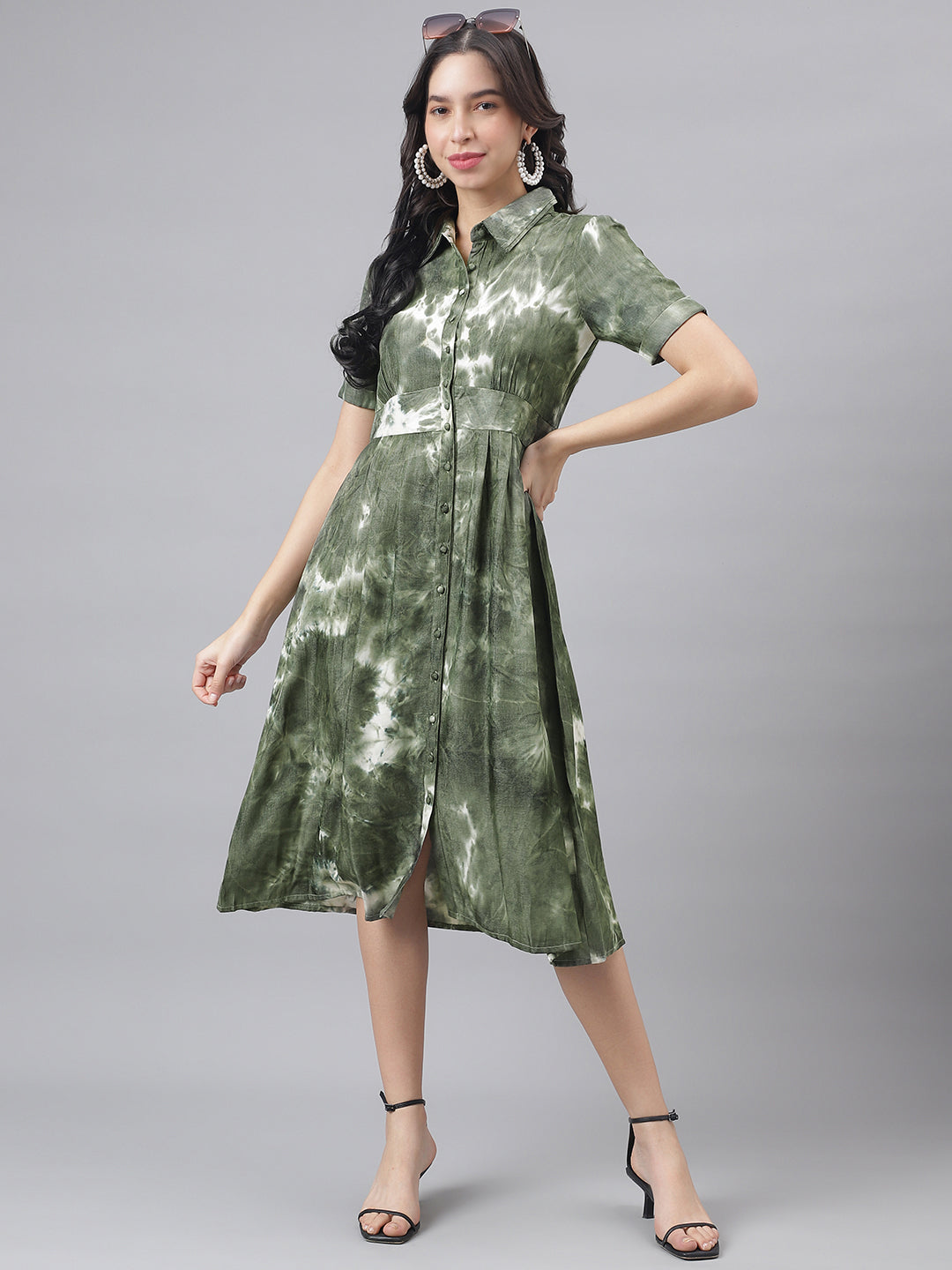 Green HalfSleeve Shirt Collar Women Shirt Dress