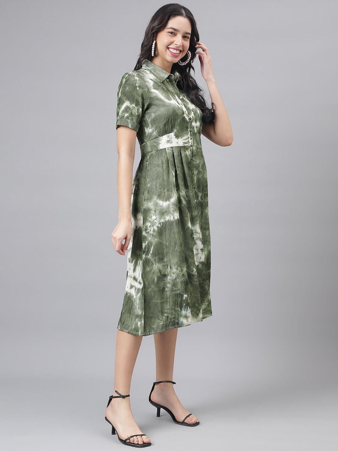 Green HalfSleeve Shirt Collar Women Shirt Dress