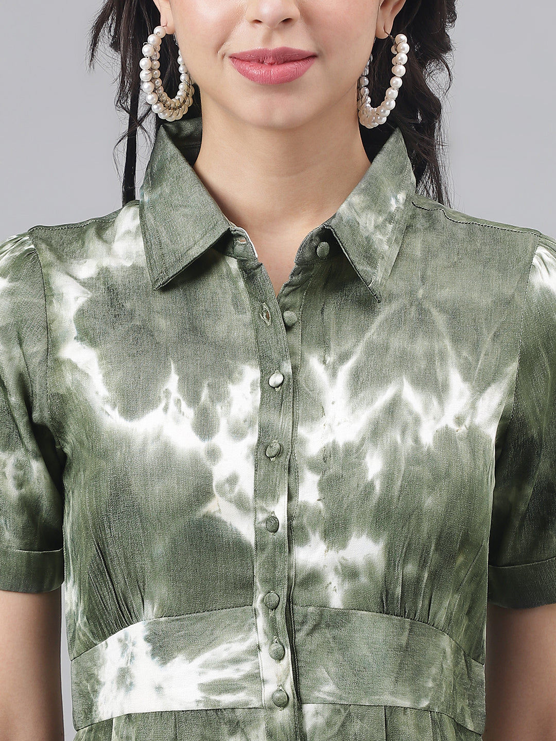 Green HalfSleeve Shirt Collar Women Shirt Dress