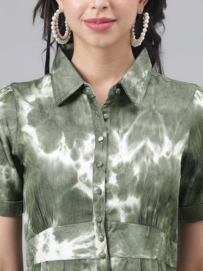 Green HalfSleeve Shirt Collar Women Shirt Dress