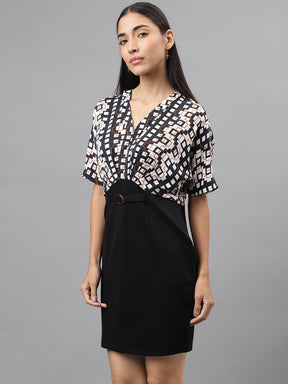 Black Half Sleeve V-Neck Printed 2 Fir 1 Dress