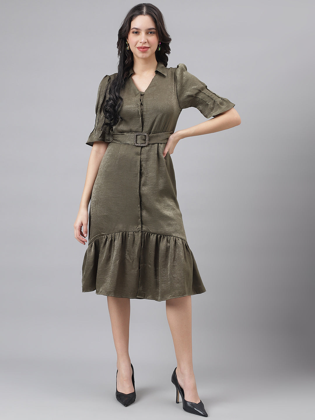 Green Half Sleeve Shirt Collar Women Shirt Dress