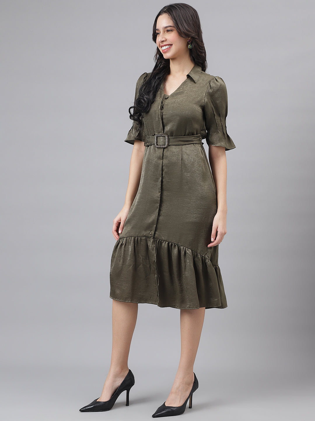 Green Half Sleeve Shirt Collar Women Shirt Dress