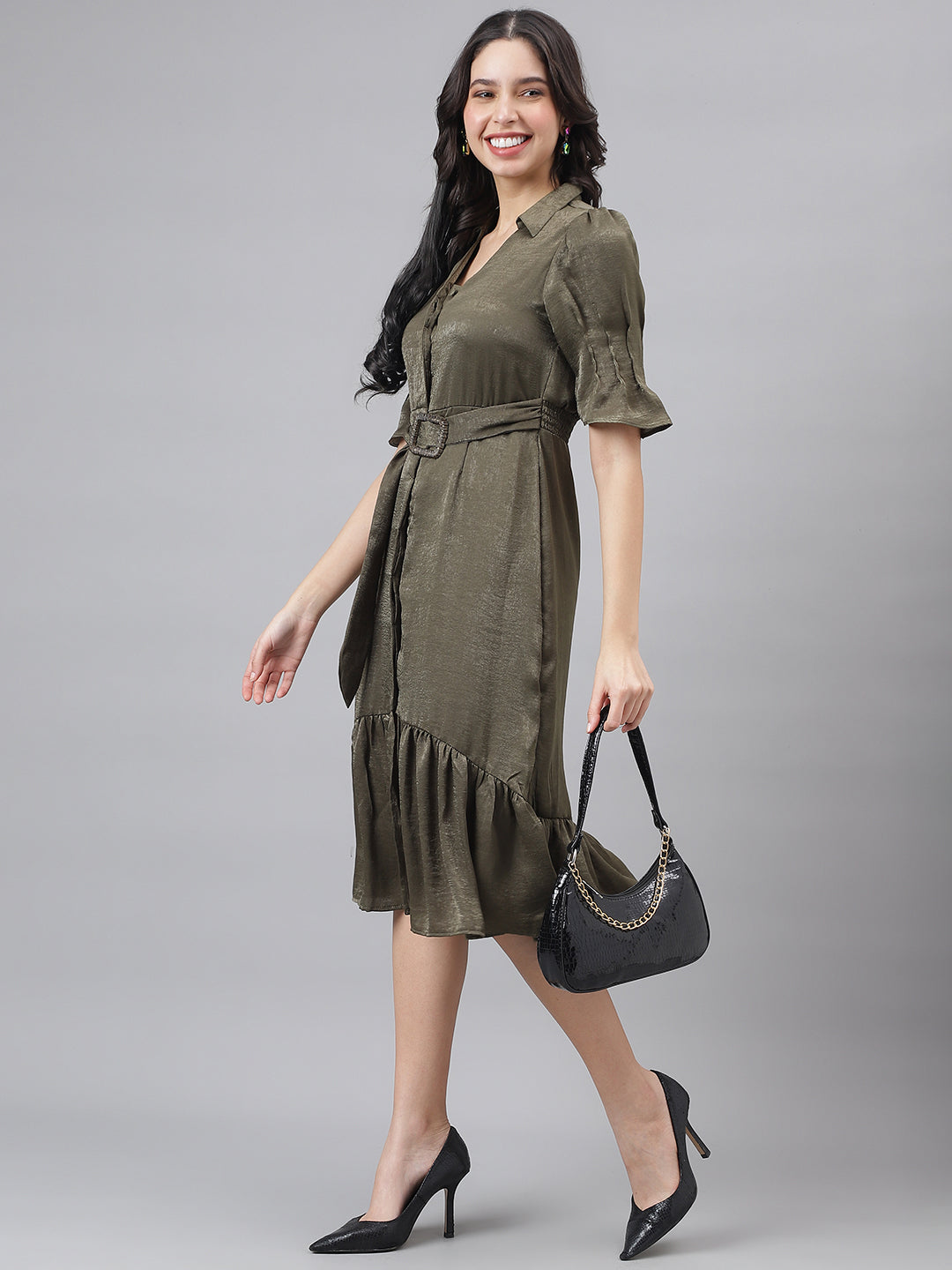 Green Half Sleeve Shirt Collar Women Shirt Dress