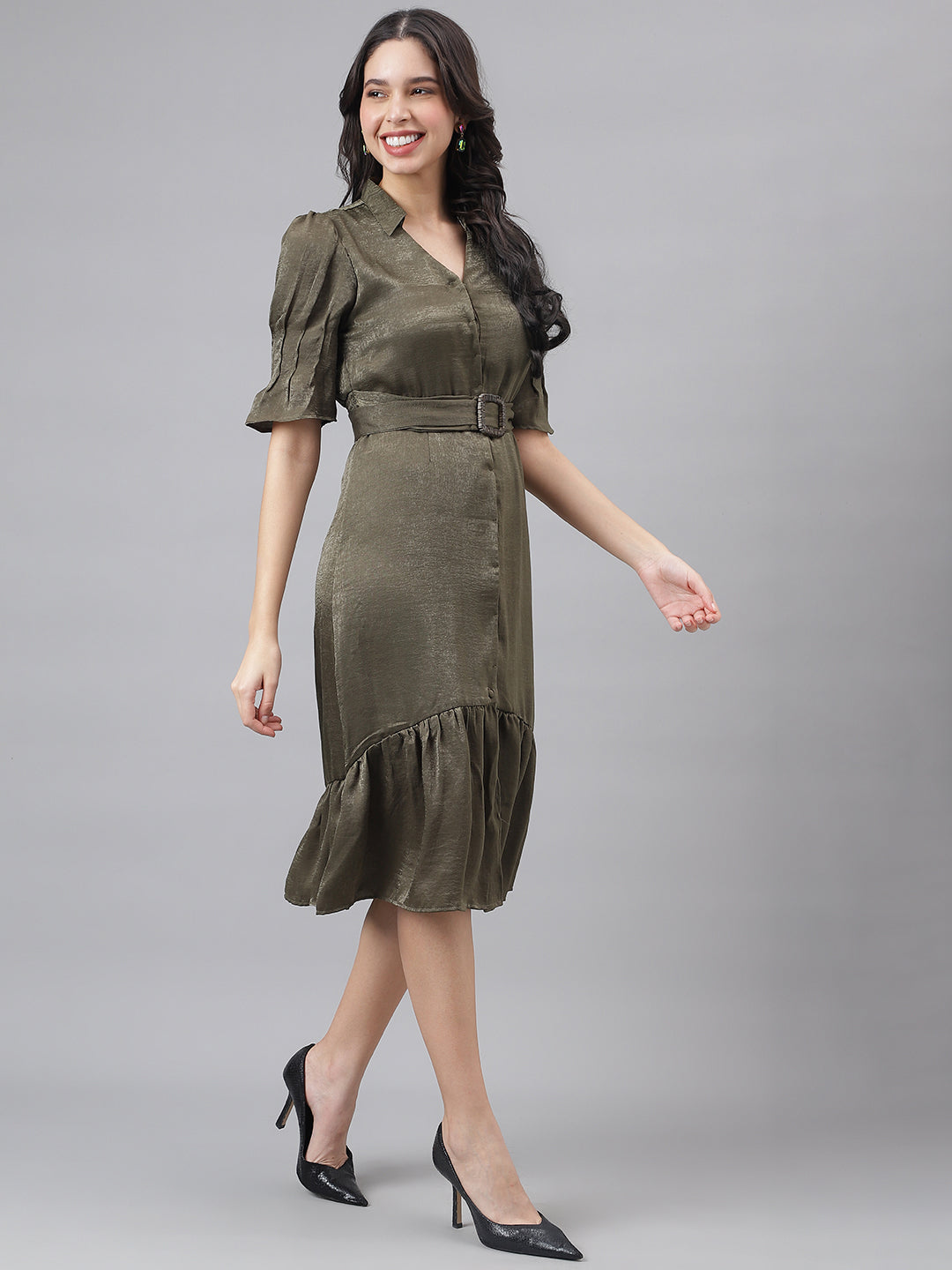 Green Half Sleeve Shirt Collar Women Shirt Dress