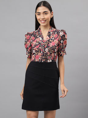 Black Half Sleeve V-Neck Floral Print 2 Fir 1 Dress