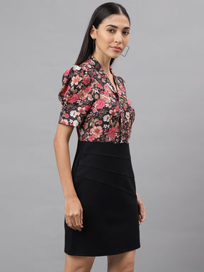 Black Half Sleeve V-Neck Floral Print 2 Fir 1 Dress