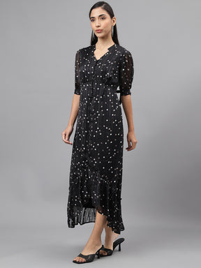 Black Half Sleeve V-Neck Polka Dott Print High Low Dress