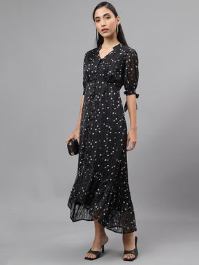 Black Half Sleeve V-Neck Polka Dott Print High Low Dress