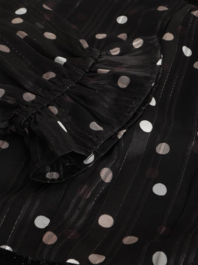 Black Half Sleeve Round Neck Polka Dott Print Maxi Dress
