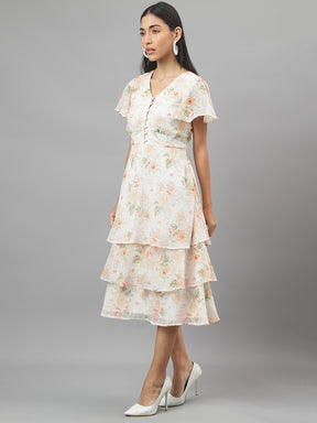 Ivory Cap Sleeve V-Neck Floral Print Maxi Dress