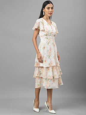 Ivory Cap Sleeve V-Neck Floral Print Maxi Dress