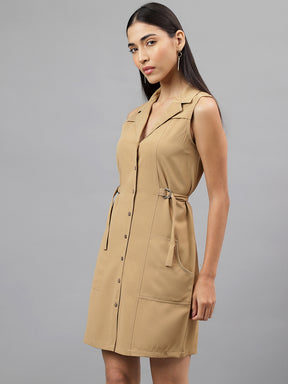Latin Quarters Women Beige Sleeveless Collar Neck Solid Shirt Dress