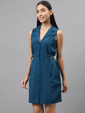 Teal Sleevless Collar Neck Solid Shirt Dress