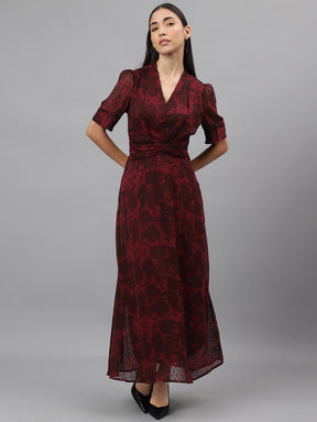 Maroon Half Sleeve V-Neck Floral Print Maxi Dress