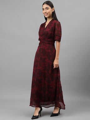 Maroon Half Sleeve V-Neck Floral Print Maxi Dress