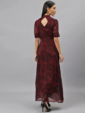 Maroon Half Sleeve V-Neck Floral Print Maxi Dress