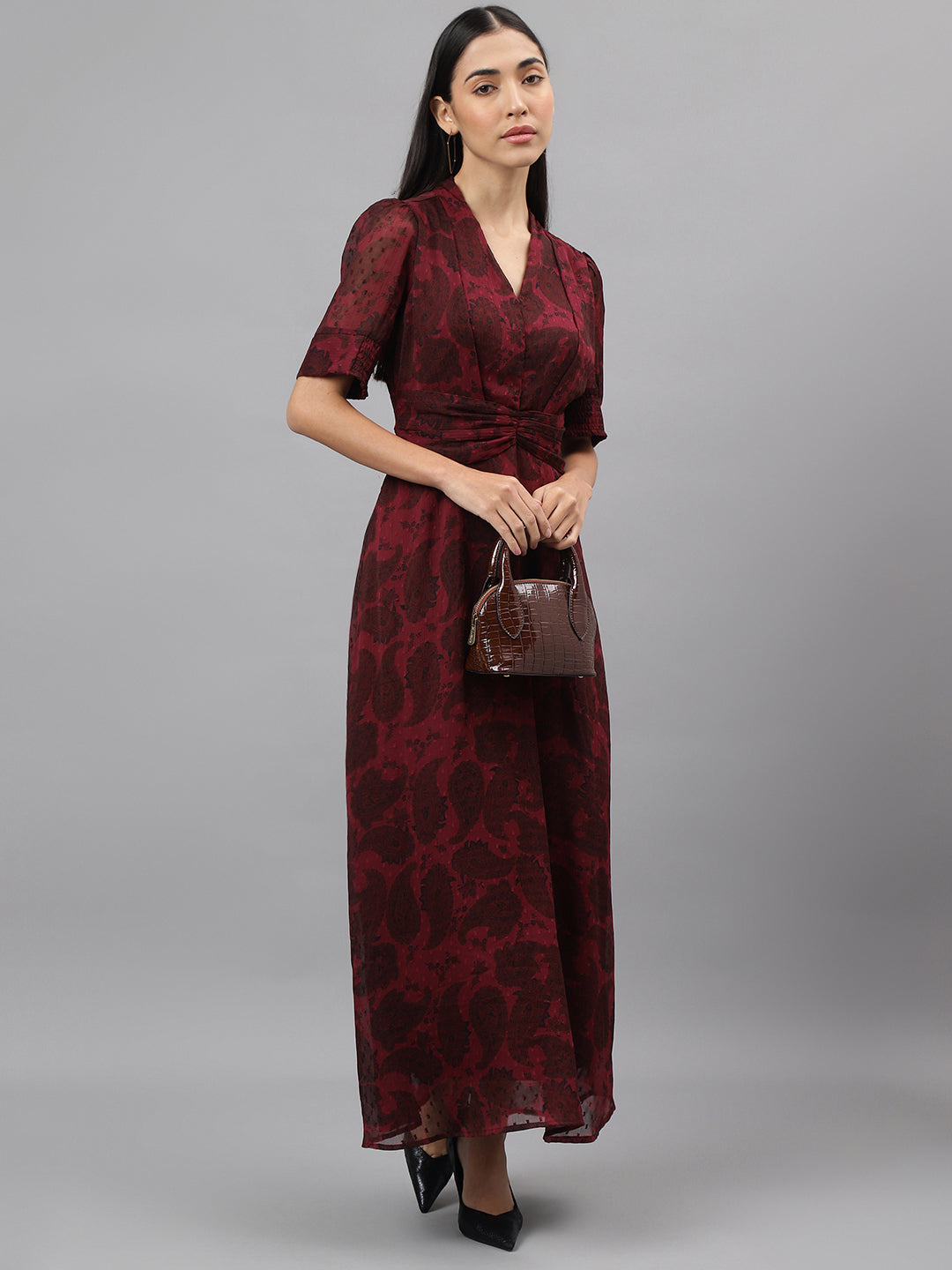 Maroon Half Sleeve V-Neck Floral Print Maxi Dress
