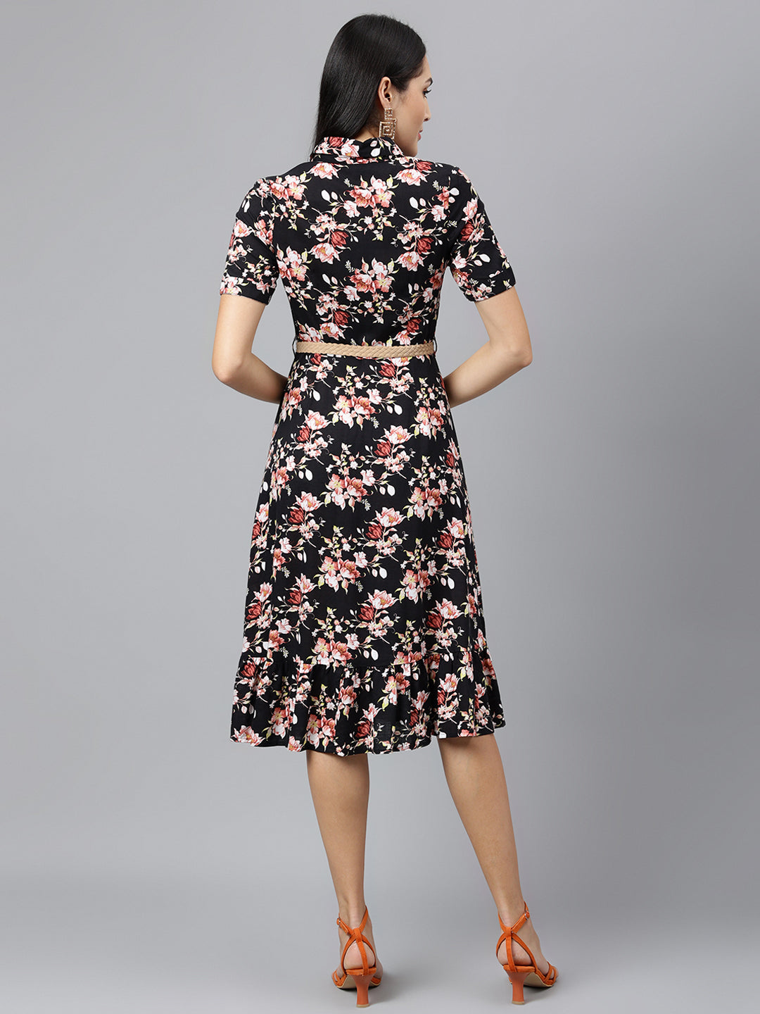 Black Short Sleeve Mandarin Collar Printed Knee Length Dress For Casual Wear