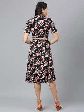 Black Short Sleeves Mandarin Collar Printed Knee Length Dress For Casual Wear