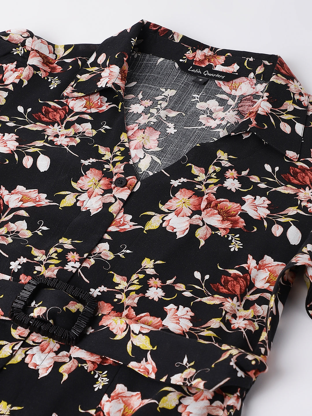 Black Half Sleeve V-Neck Floral Print Shirt Dress