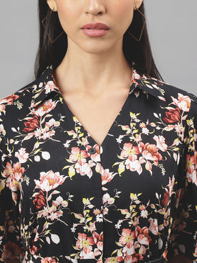 Black Half Sleeve V-Neck Floral Print Shirt Dress
