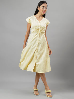 Yellow Cap Sleeve V-Neck Solid A-Line Dress