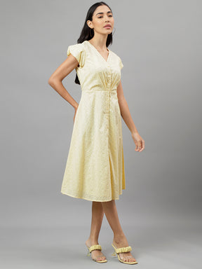 Yellow Cap Sleeve V-Neck Solid A-Line Dress
