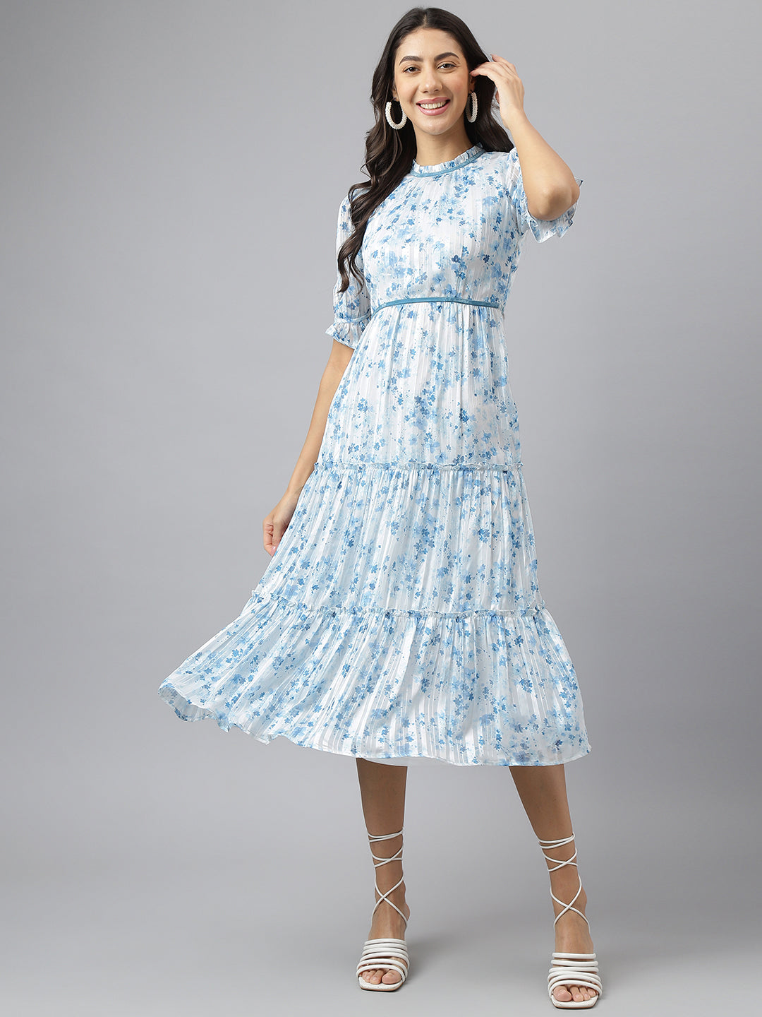 Blue Ruffle Neck Fit & Flare Casual Dress