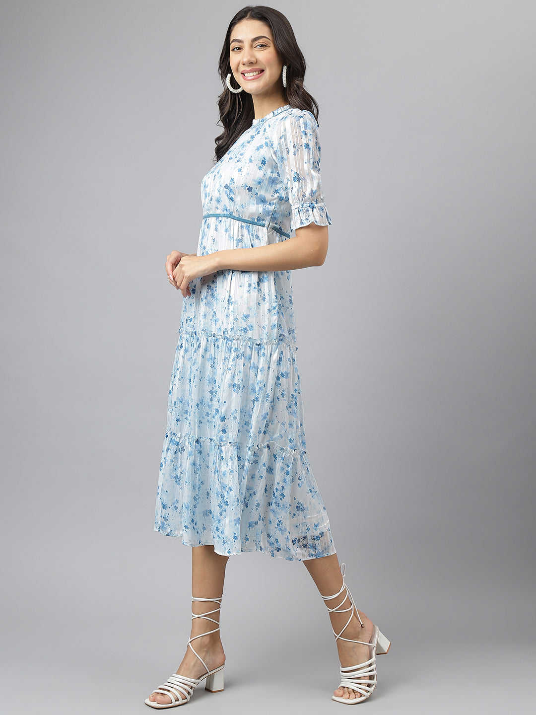 Blue Ruffle Neck Fit & Flare Casual Dress